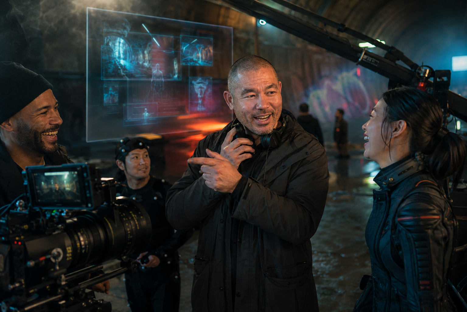 Devin Lockett directing on the tunnel set of The Tunnel TV