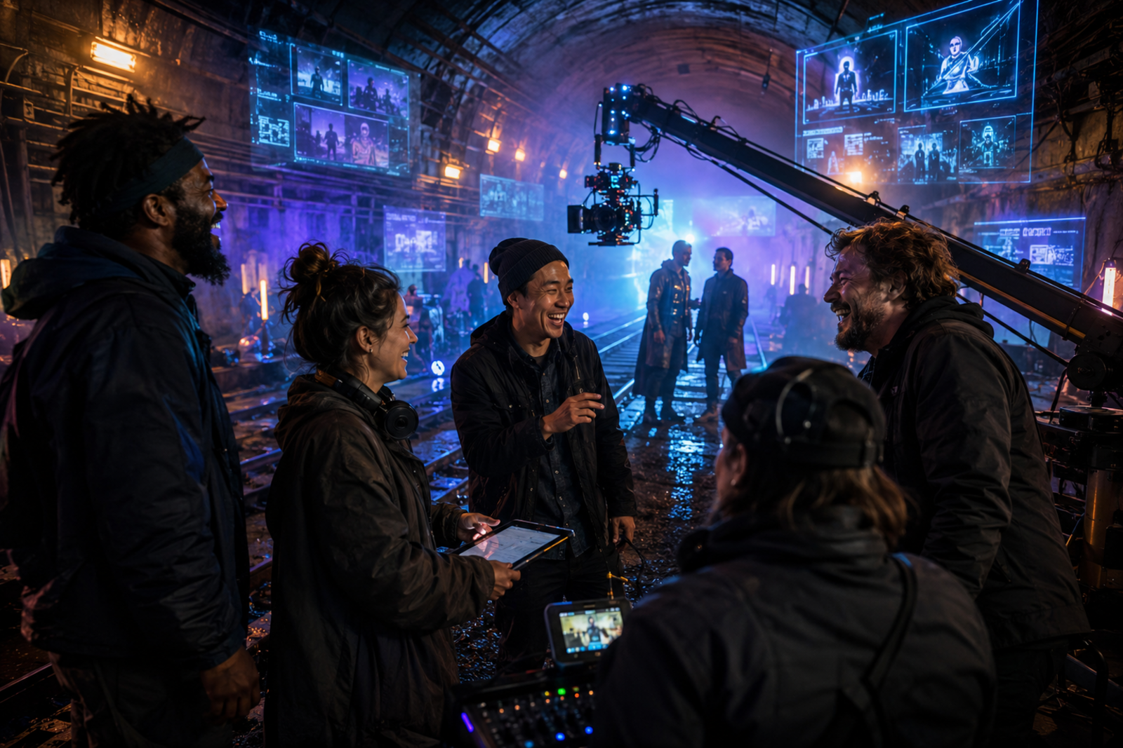 On the underground tunnel set of The Tunnel TV with the camera crew