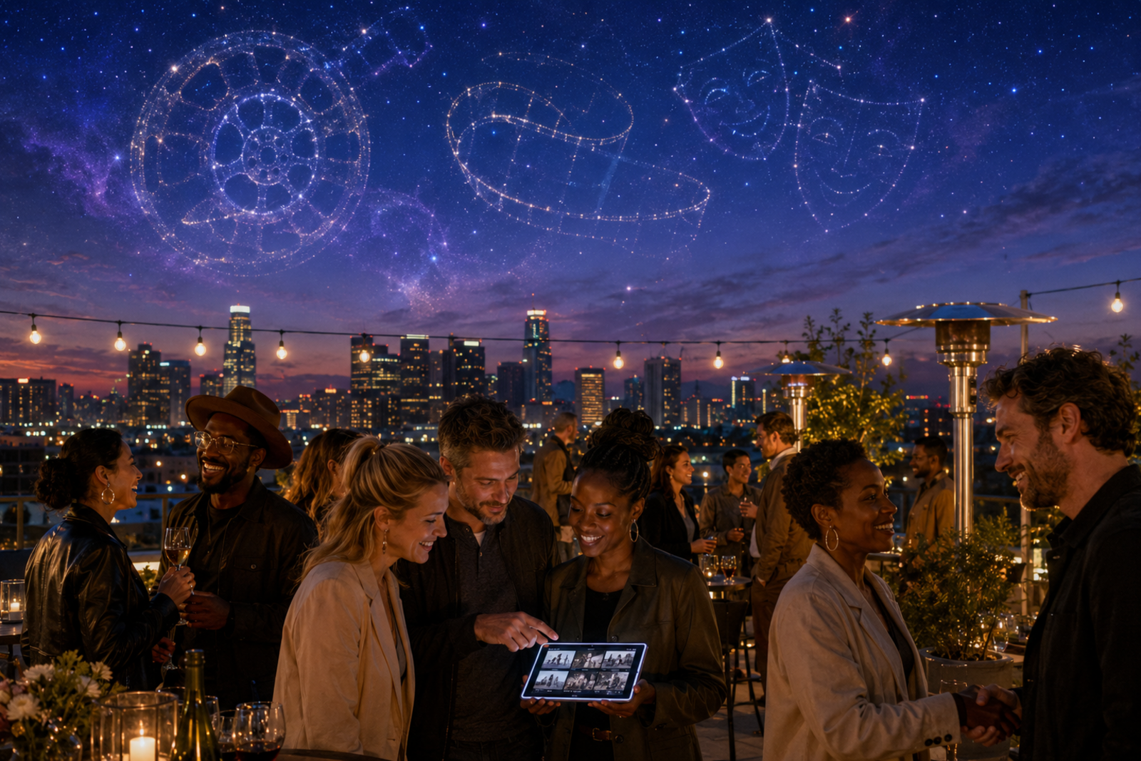 Cast and crew at a rooftop production event overlooking Los Angeles